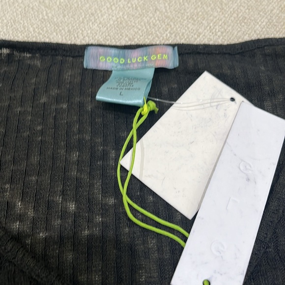 GOOD LUCK GEM Side Tie Long Sleeve Ribbed Crop Top Semi Sheer Black Womens sz  L - Picture 5 of 6